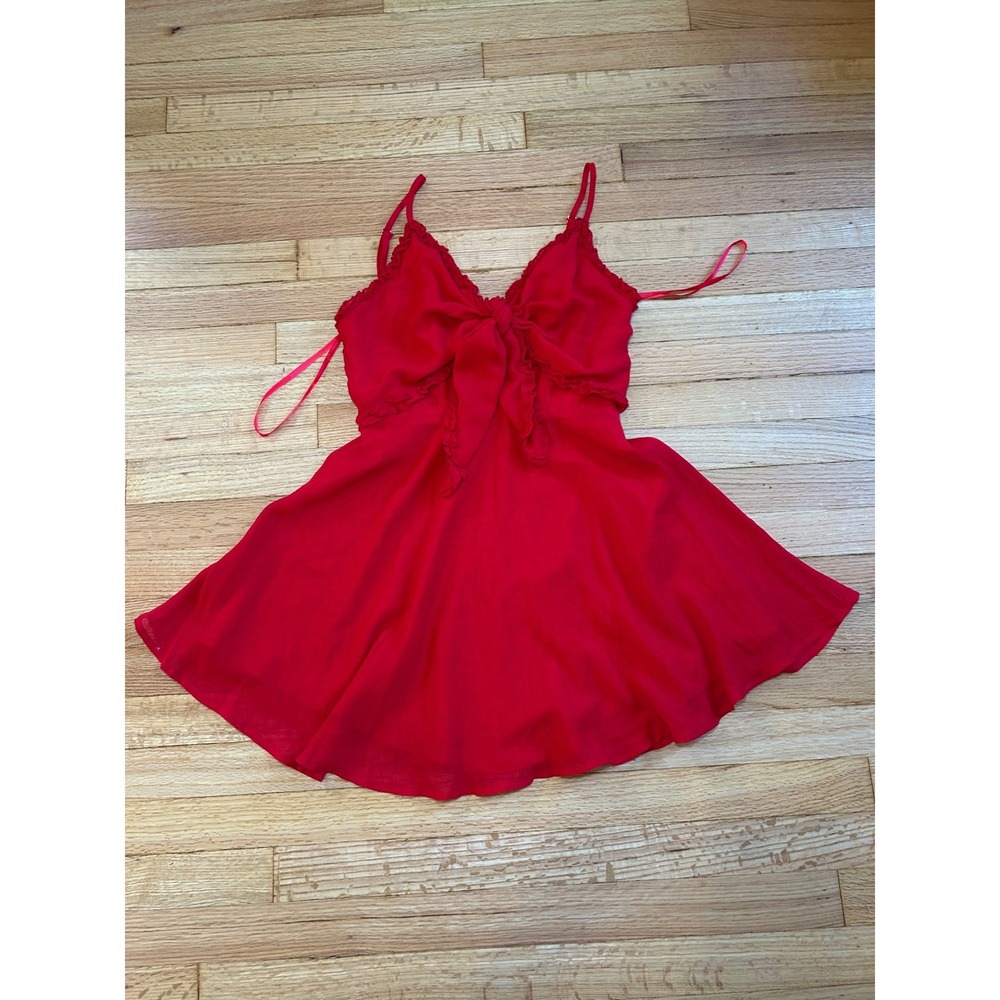 The Impeccable Pig Red Tie Front Ruffle Mini Dress Small Smocked Back Summer